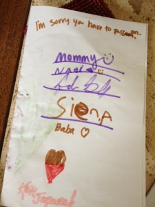 Nadia's card to Lola. At the top it says "I'm sorry you have to pass on" - then she wanted everyone to sign it. 